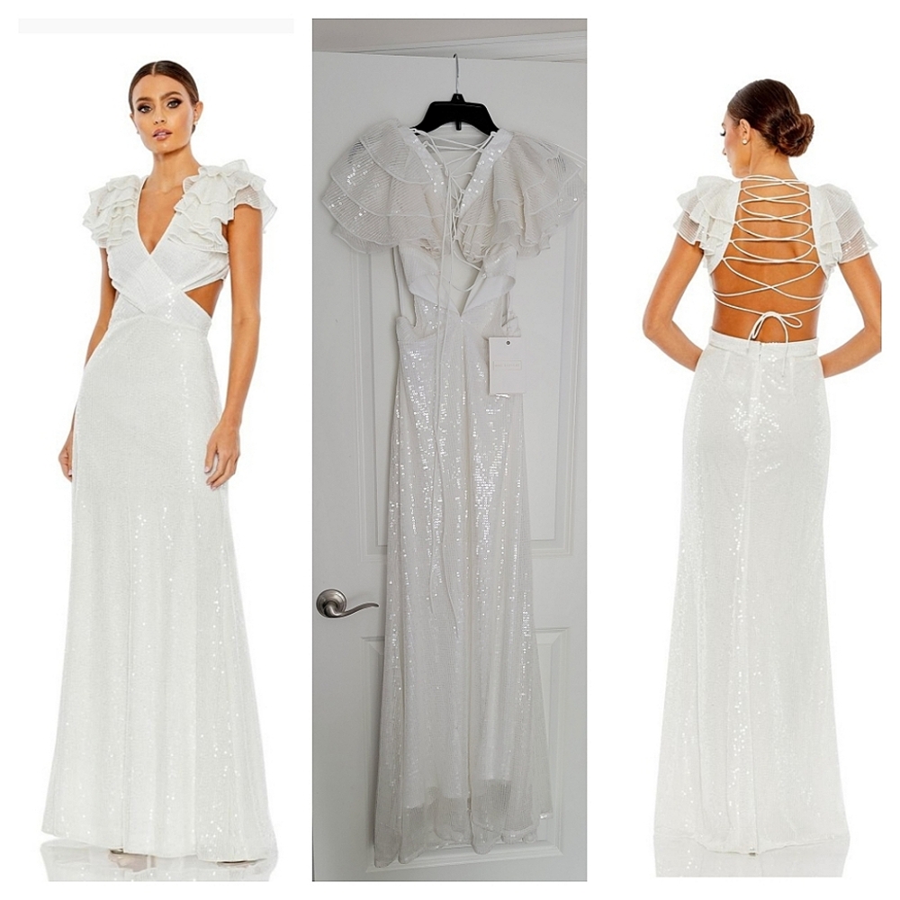 NEW! ๐ค Mac Duggal Bridal 10829 Sleeves Dress - Full Sequined A-Line Prom Dress - Picture 1 of 15